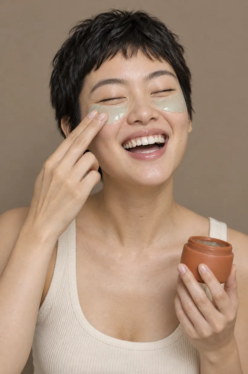 Client laughing as she presses cooling gel patches under her eyes